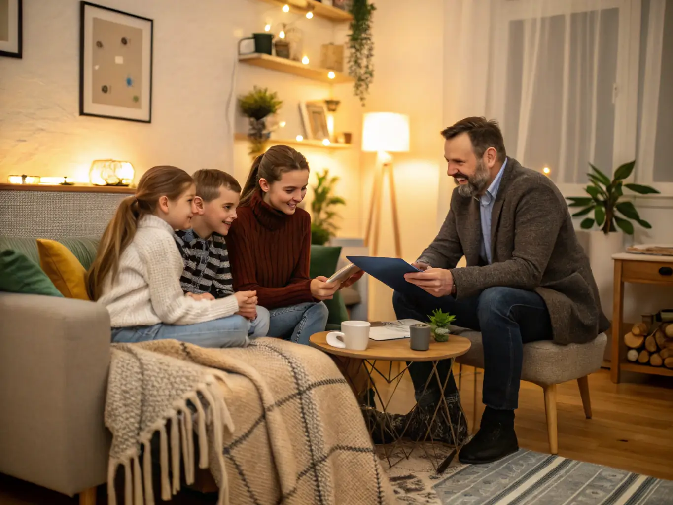 An image depicting a family discussing their wealth preservation plan with a financial advisor in a comfortable living room, highlighting the importance of family and legacy.