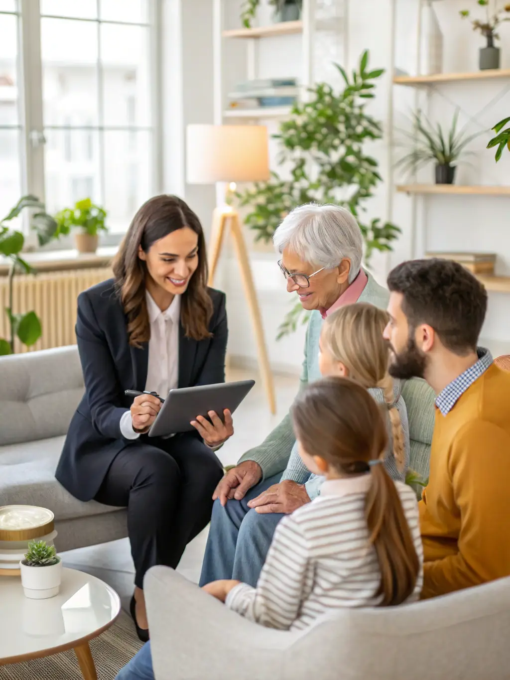 A serene, professional image of a family discussing their financial future with a trusted Irwin Wealth advisor in a comfortable office setting.