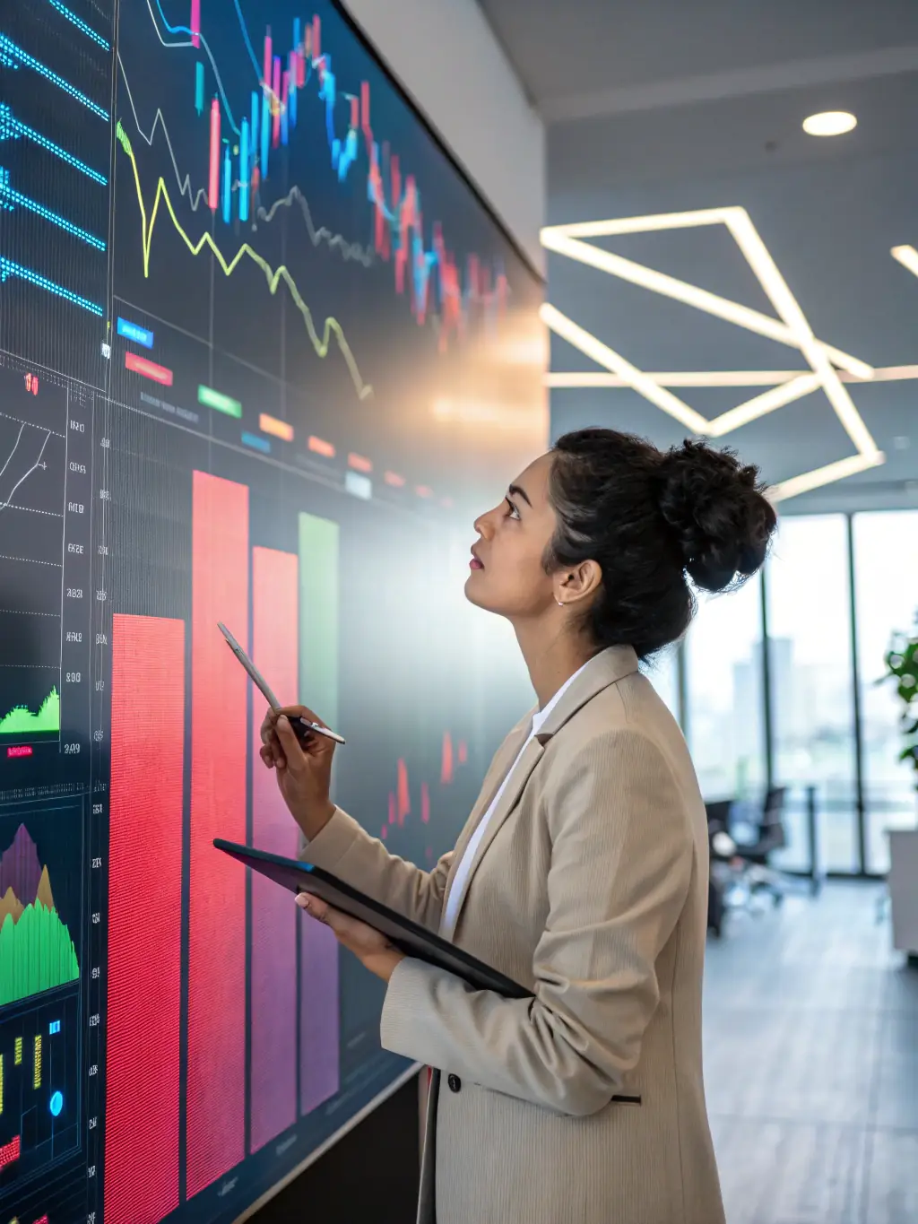 An image of a financial advisor analyzing market data on a tablet, with charts and graphs visible in the background, indicating a data-driven approach to investment.