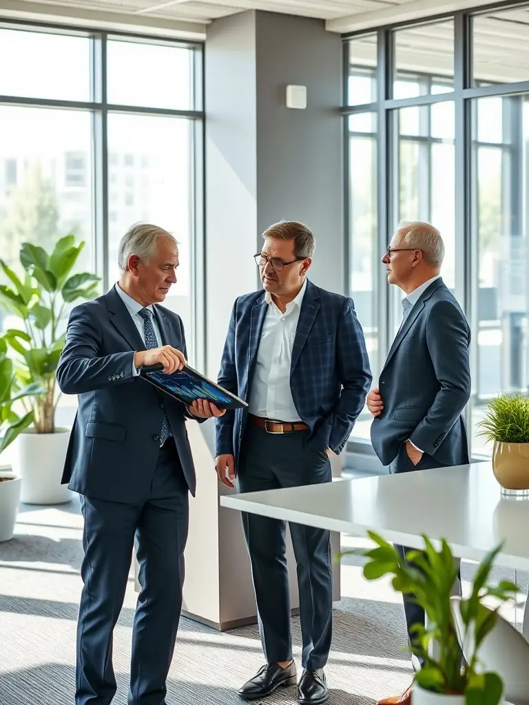 A professional advisor in a suit, sitting at a desk, reviewing financial documents with a client in a modern office setting, conveying trust and expertise in investment management.