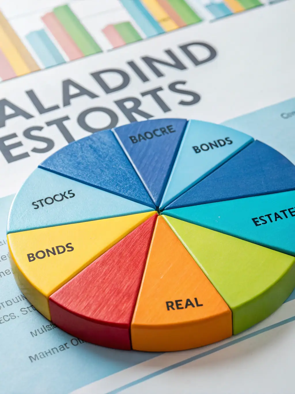 A visual representation of asset allocation pie chart, clearly showing the distribution of investments across various asset classes such as stocks, bonds, and real estate.